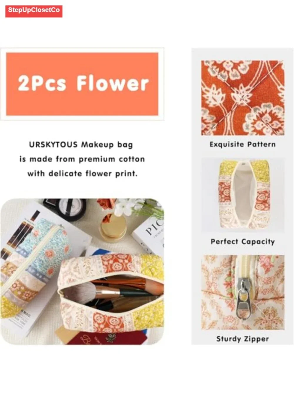 Cotton Quilted Floral Makeup Bag Set of 2 - Zipper Pouch Travel Toiletry